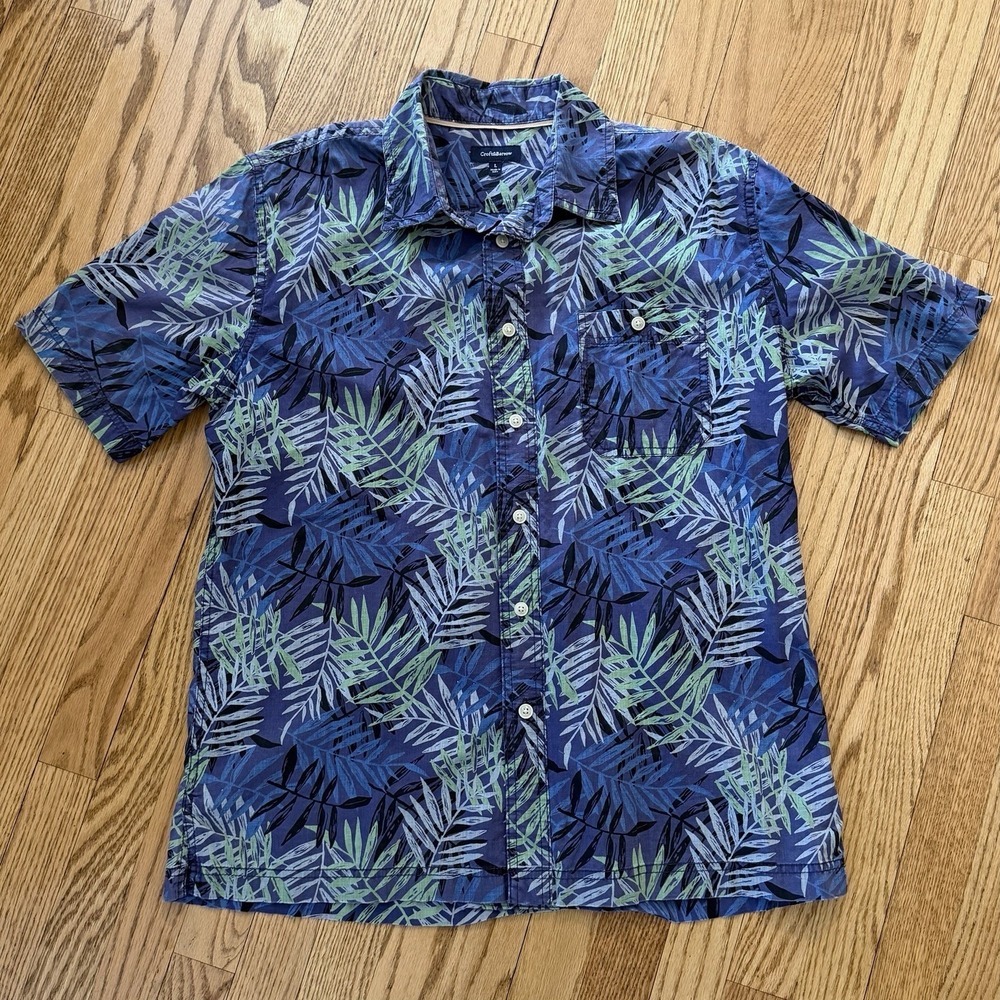 Croft & Barrow Men's‎ Tropical Camp Shirt Large Blue Palm Print Cotton Resort